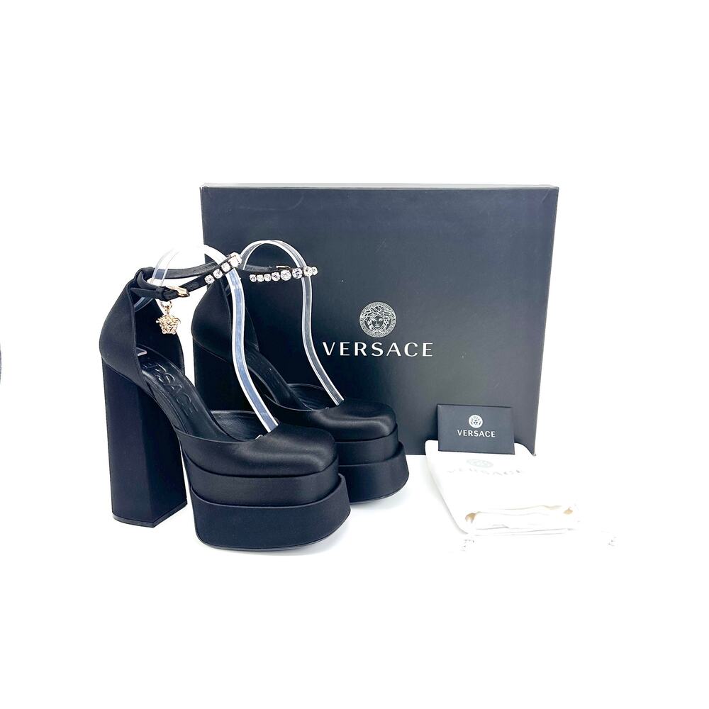 NIB Versace Aevitas Platform Pumps EU 37 US 7 Black Satin Crystal $1,575 - Picture 2 of 14